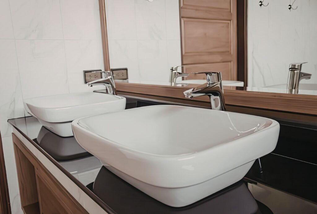 Modern bathroom vanity sinks installed during Sunshine Coast bathroom renovation