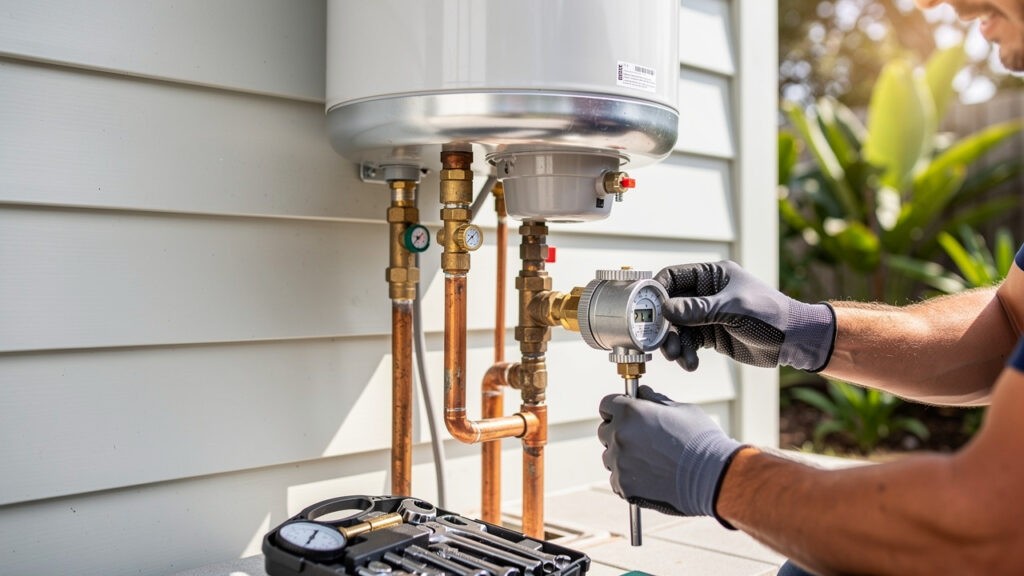 Plumber inspecting outdoor residential hot water system unit
