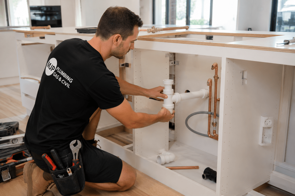 Plumber installing pipes in a kitchen cabinet on the Sunshine Coast