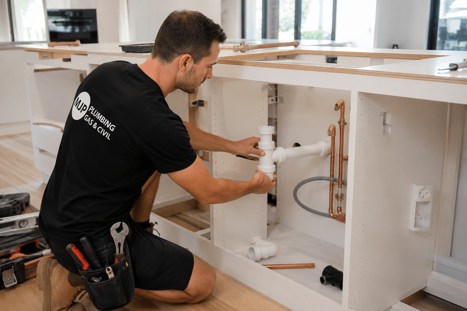 Plumber installing pipes in kitchen cabinet.png